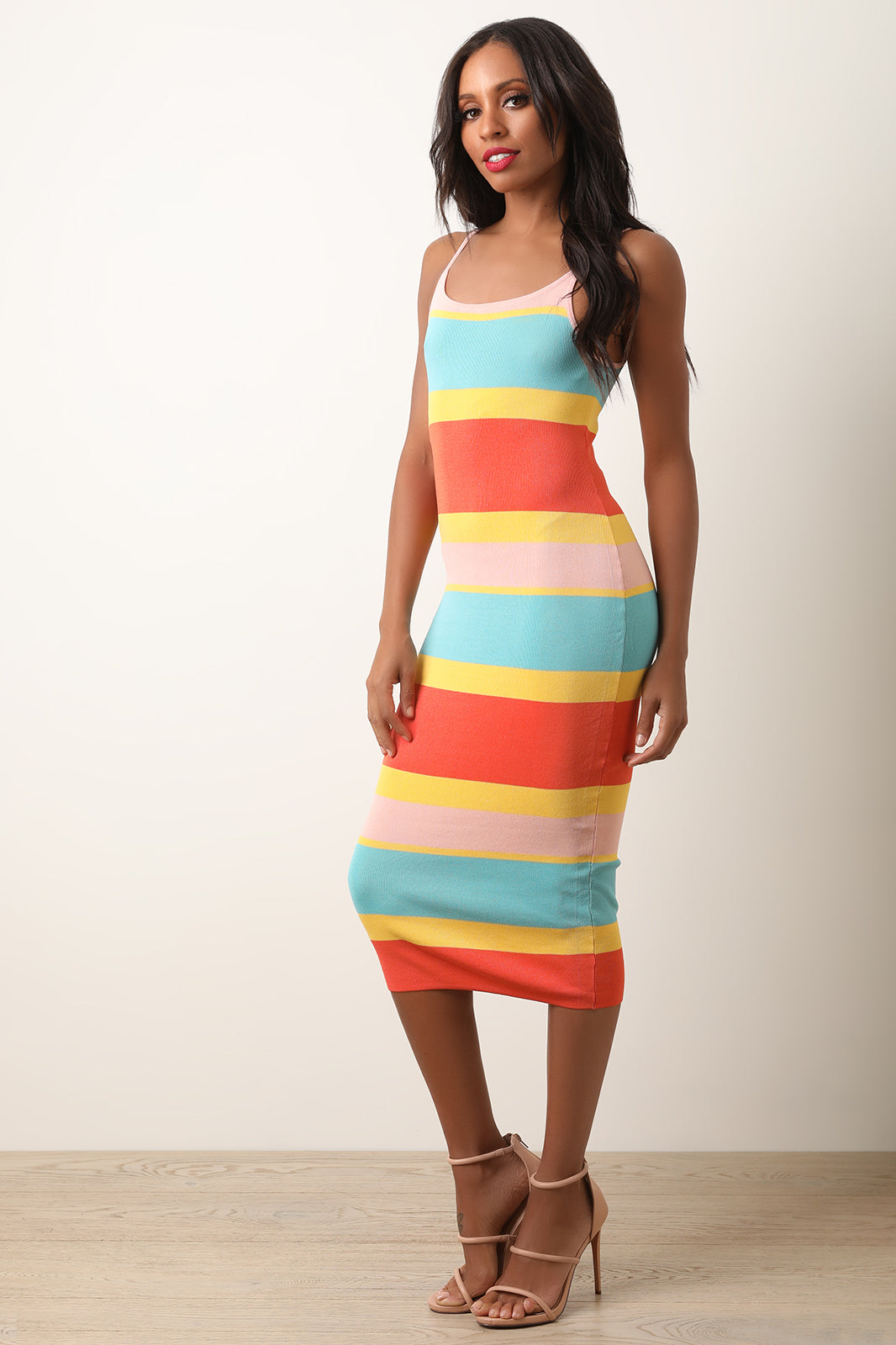 Knitted Horizontal Stripe Midi Dress - YuppyCollections