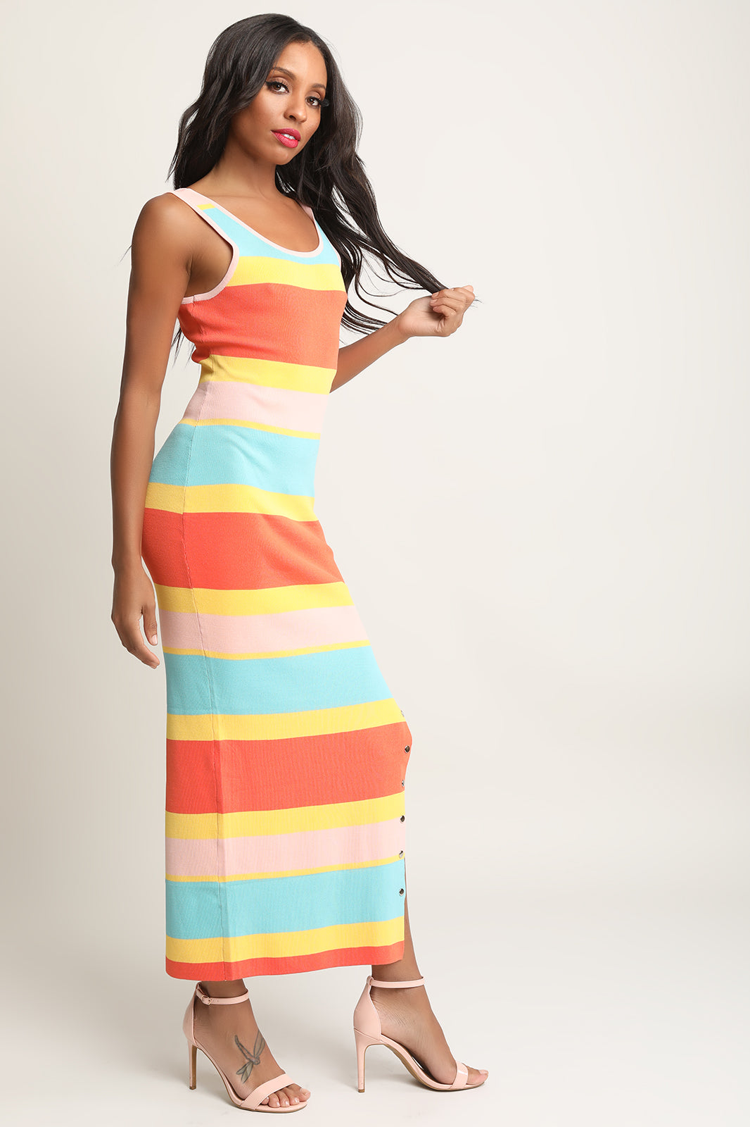 Knitted Horizontal Stripe Button-Up Slit Midi Dress - YuppyCollections