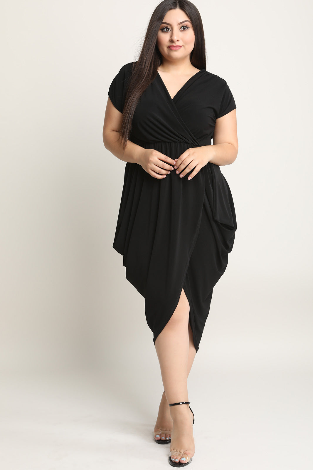 Side Drape Surplice Midi Dress - YuppyCollections