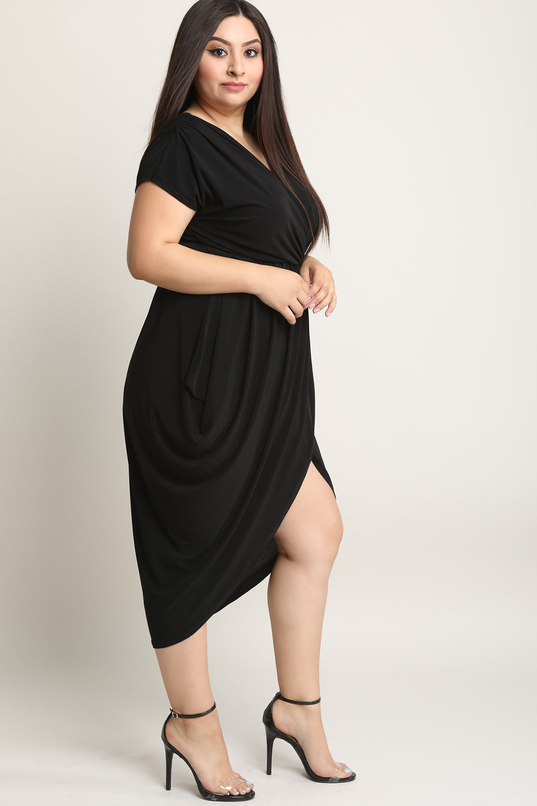 Side Drape Surplice Midi Dress - YuppyCollections