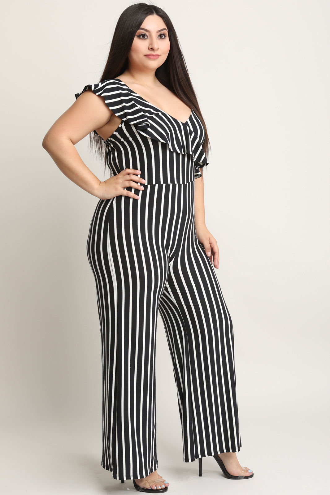 Striped Asymmetrical Ruffle Shoulder Palazzo Jumpsuit - YuppyCollections