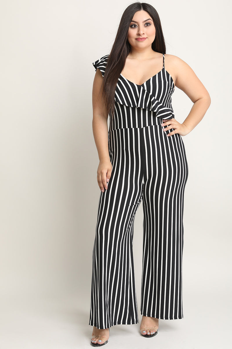 Striped Asymmetrical Ruffle Shoulder Palazzo Jumpsuit - YuppyCollections