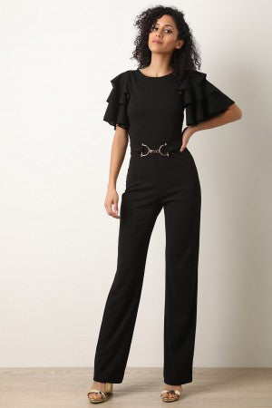 Ruffle Tiered Sleeves Belted Flared Jumpsuit - YuppyCollections