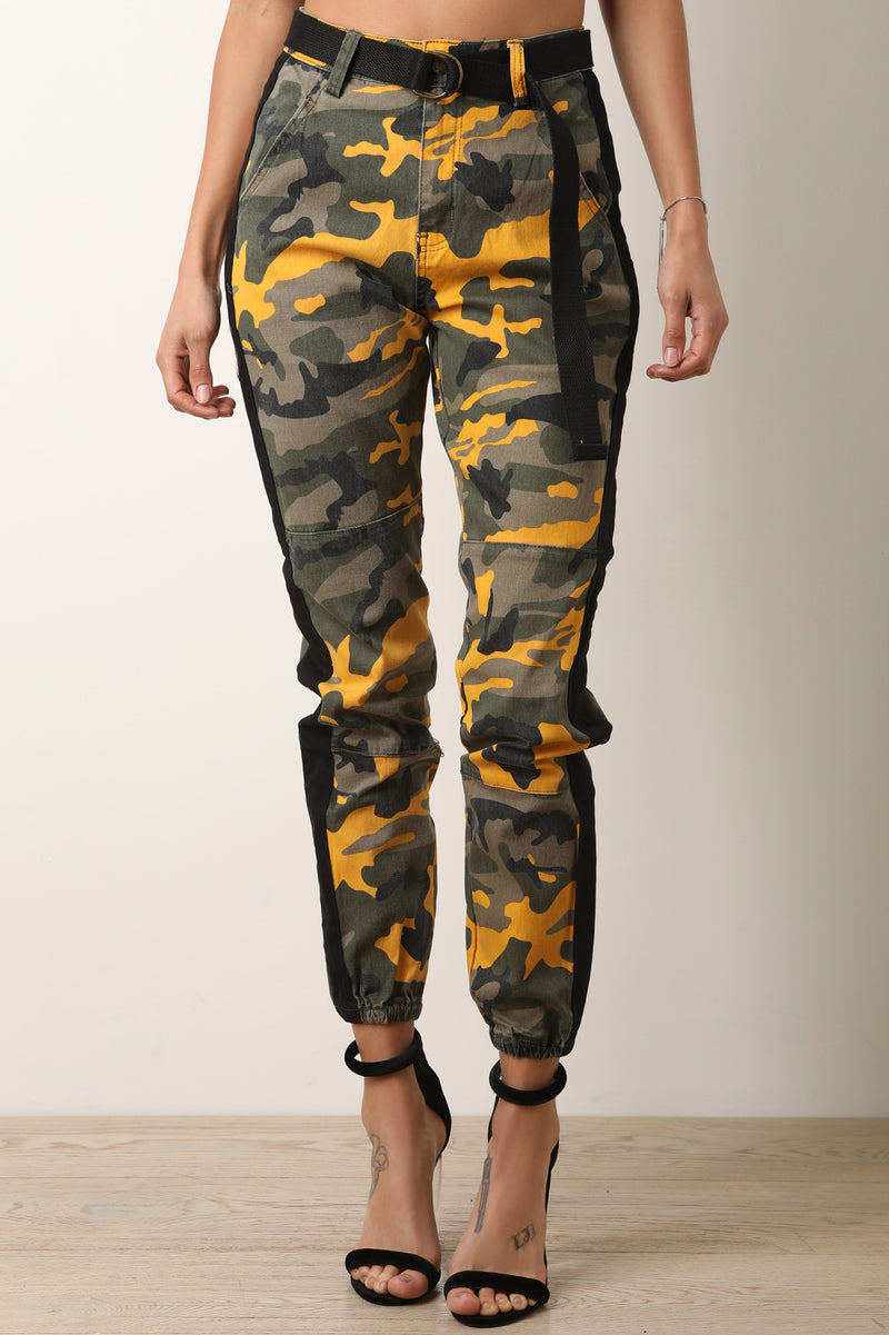 High Waisted Camouflage Side Stripe Belted Cargo Pants - YuppyCollections