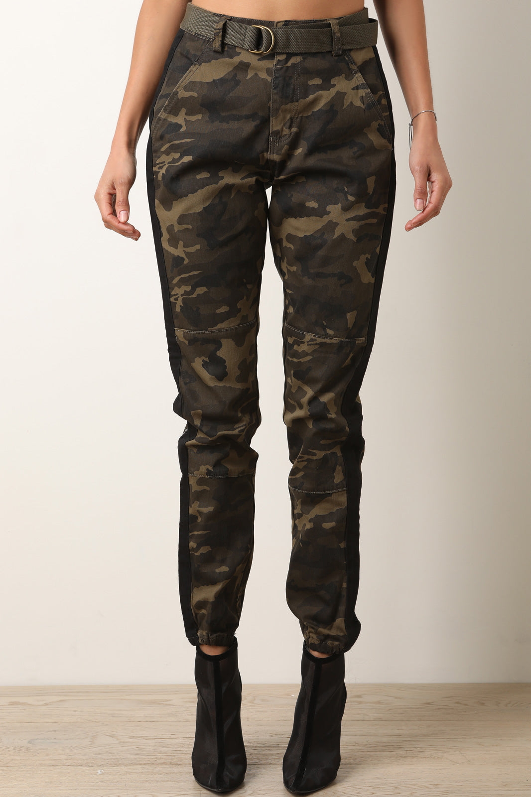 High Waisted Camouflage Side Stripe Belted Cargo Pants - YuppyCollections