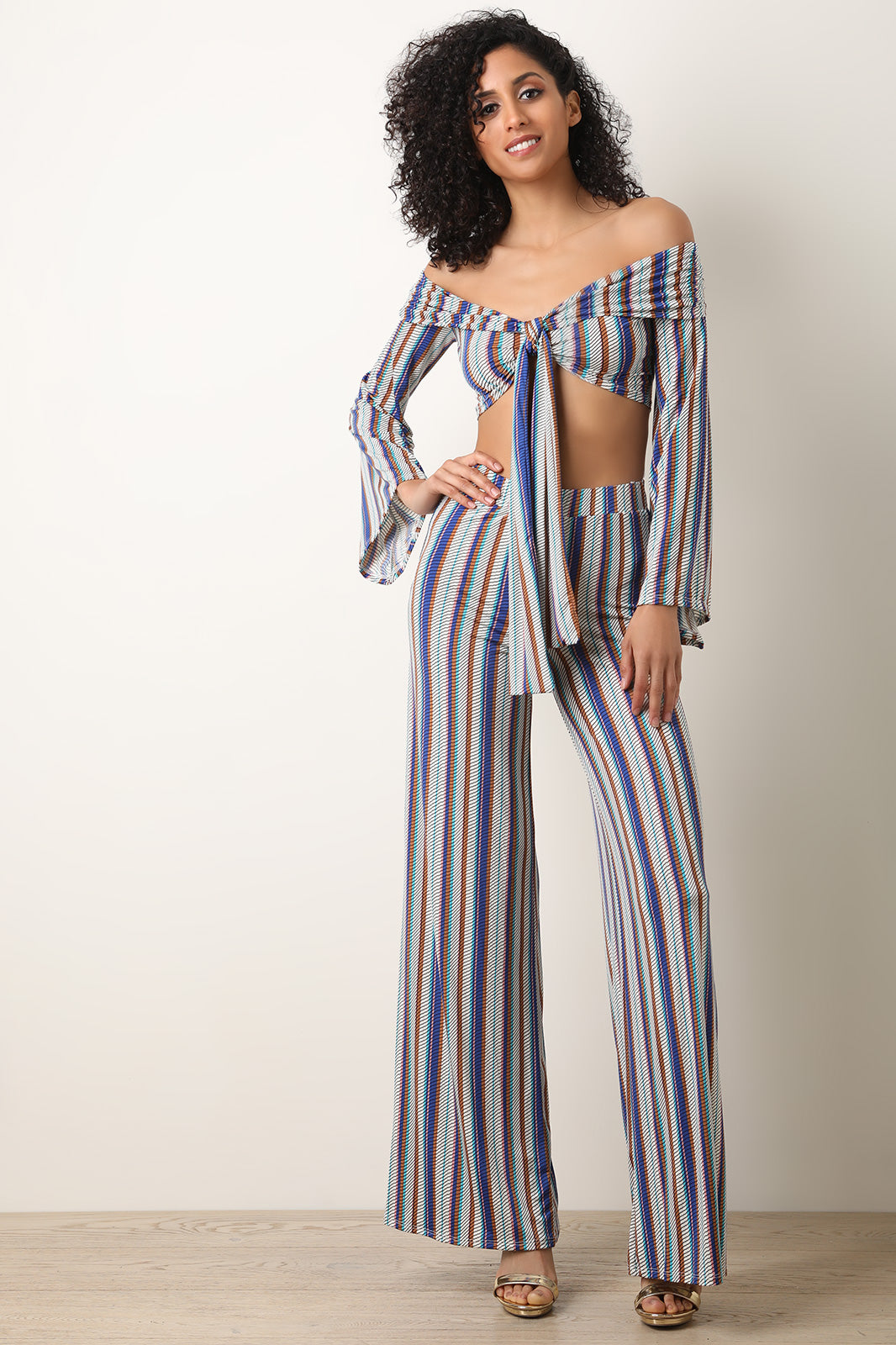 Stripe Self-Tie Crop Top With Wide Leg Pants - YuppyCollections