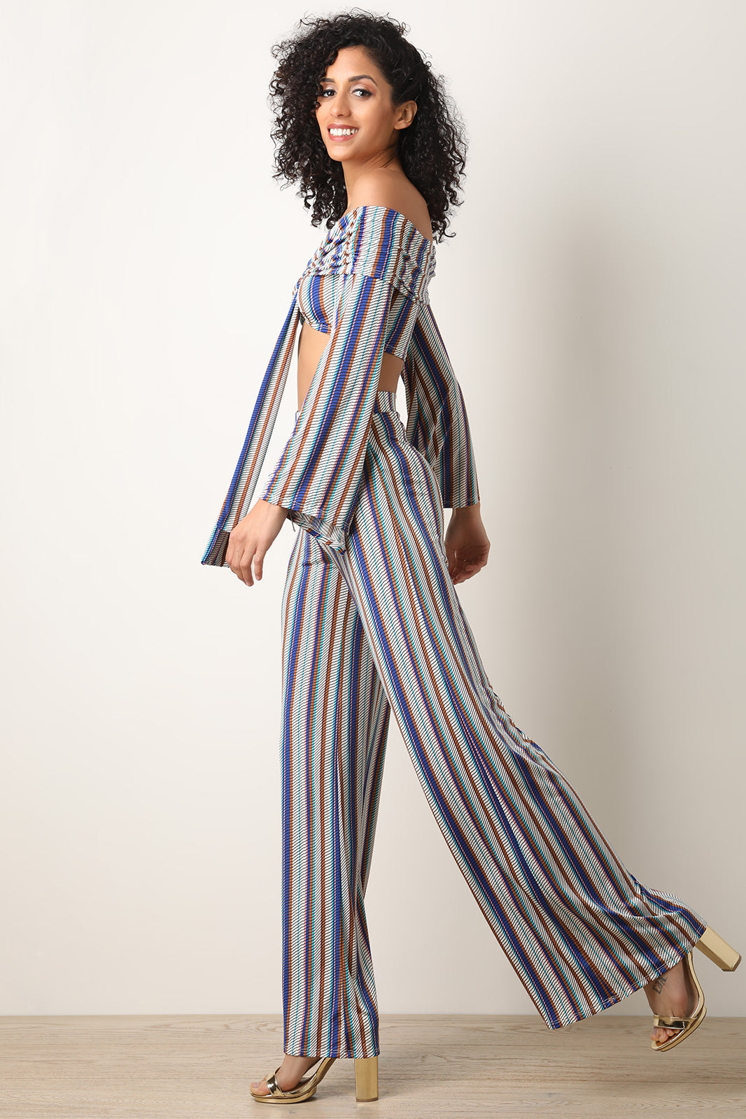 Stripe Self-Tie Crop Top With Wide Leg Pants - YuppyCollections