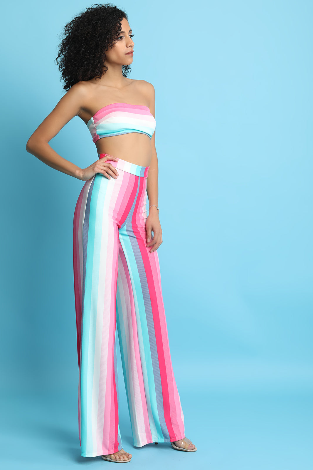 Pastel Striped Tube Top With Wide Leg Pants Set - YuppyCollections