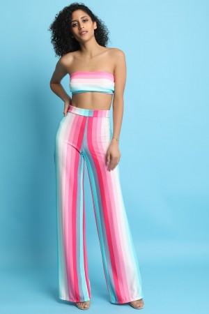 Pastel Striped Tube Top With Wide Leg Pants Set - YuppyCollections