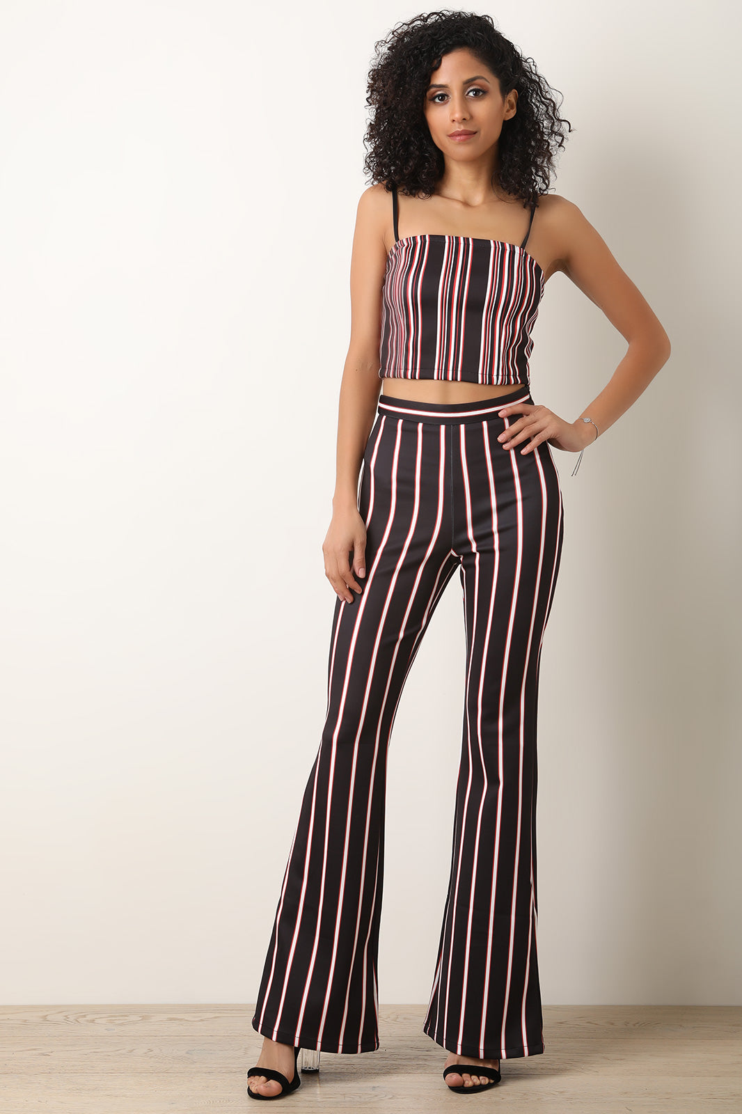 Scuba Knit Striped Crop Top With Flared Pants Set - YuppyCollections