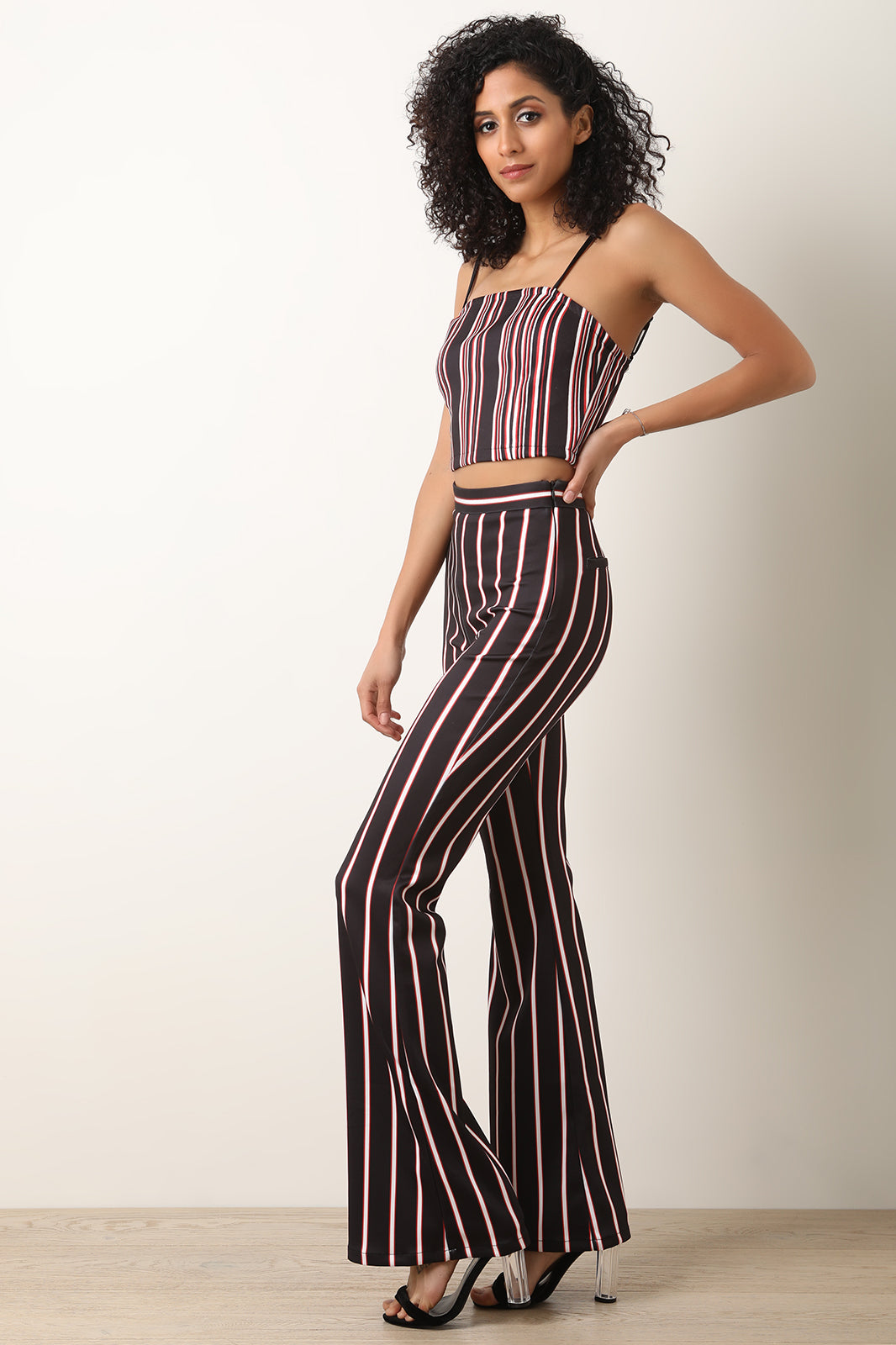 Scuba Knit Striped Crop Top With Flared Pants Set - YuppyCollections