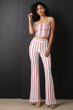 Scuba Knit Striped Crop Top With Flared Pants Set - YuppyCollections