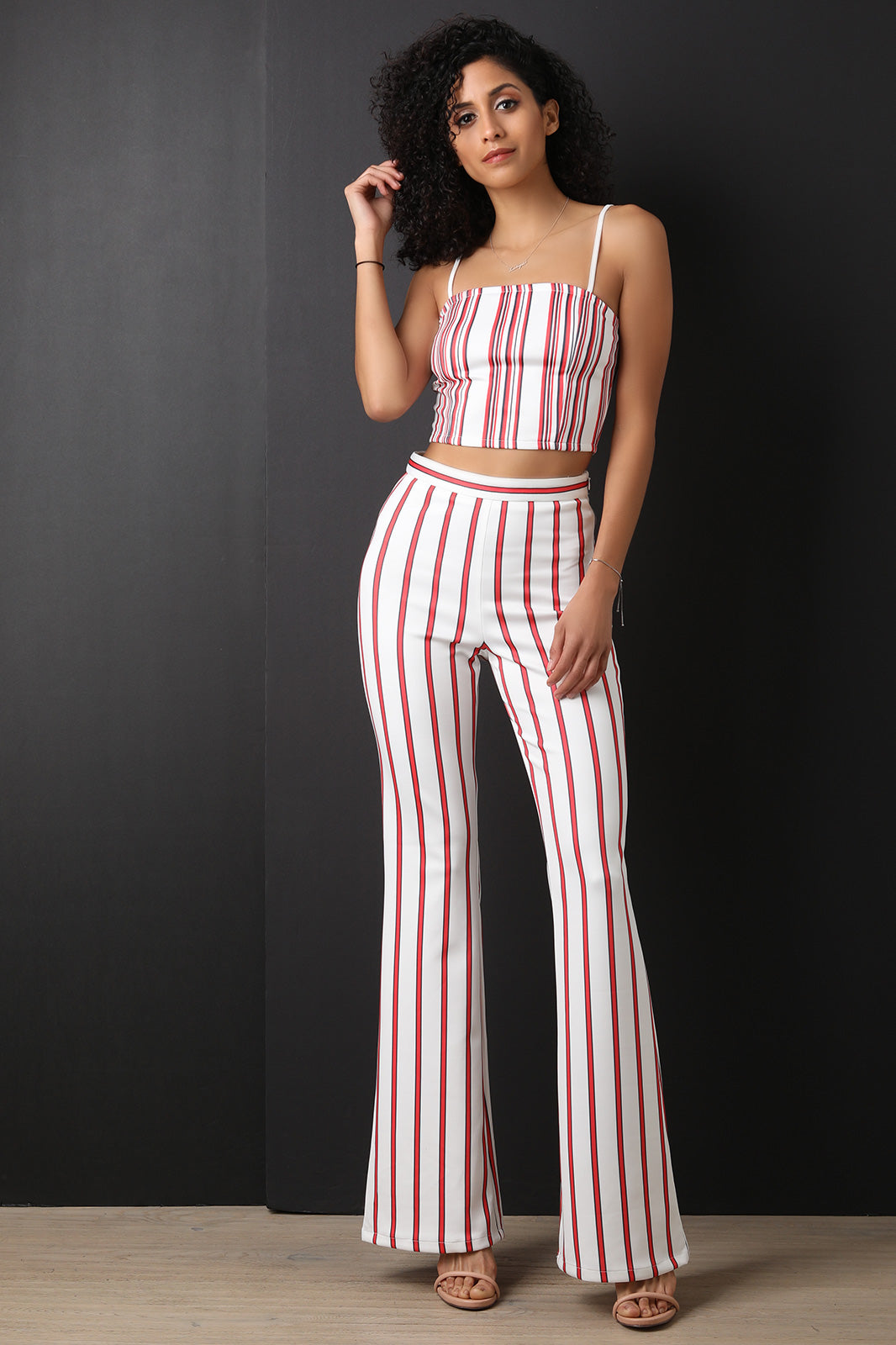 Scuba Knit Striped Crop Top With Flared Pants Set - YuppyCollections