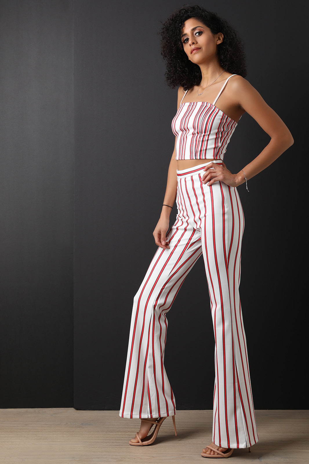 Scuba Knit Striped Crop Top With Flared Pants Set - YuppyCollections