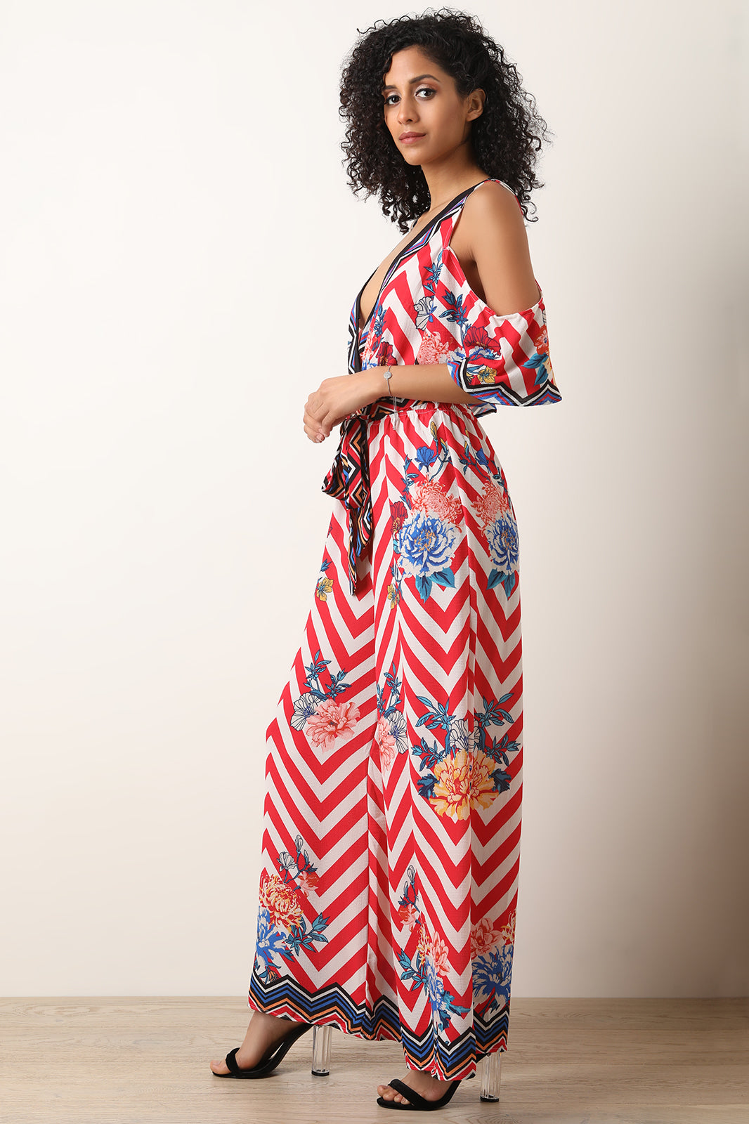 Floral Chevron Cold Shoulder Palazzo Jumpsuit - YuppyCollections