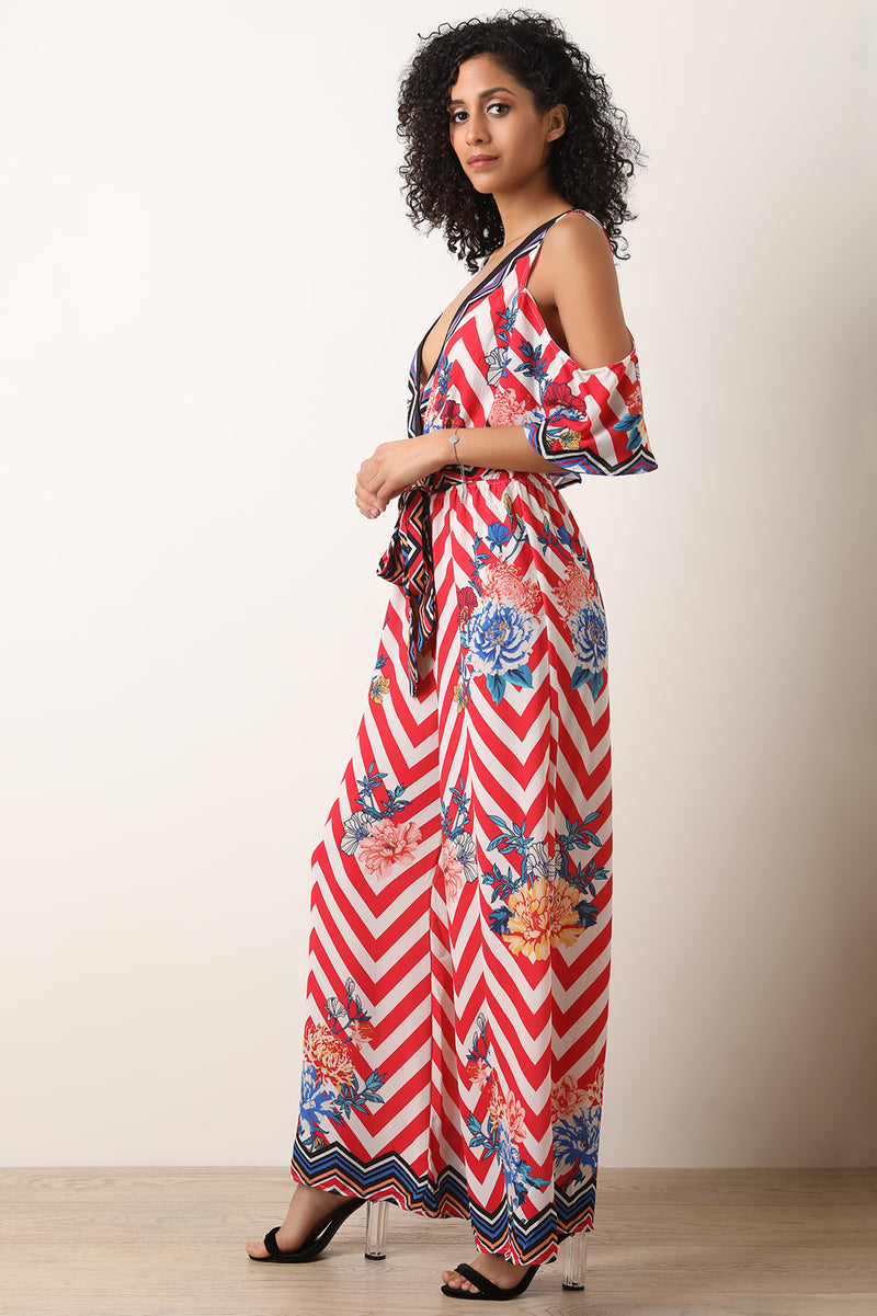 Floral Chevron Cold Shoulder Palazzo Jumpsuit - YuppyCollections