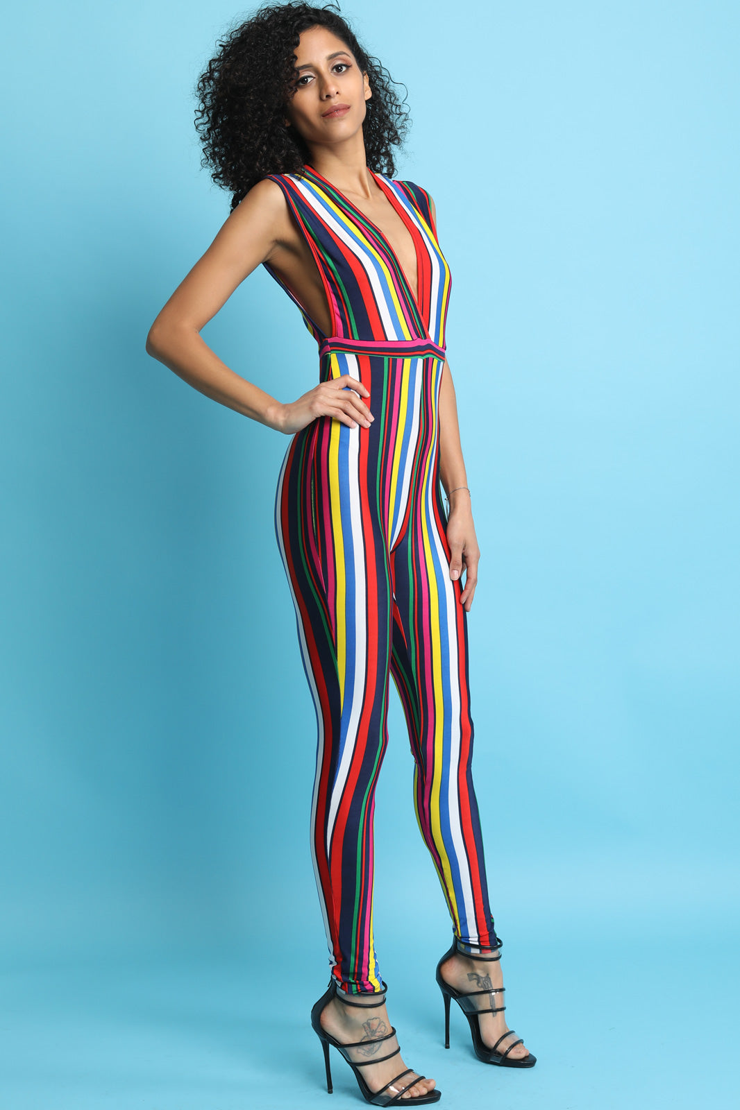 Colorful Striped Plunging V-Neck Fitted Jumpsuit - YuppyCollections