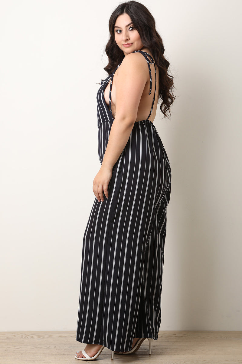 Stripe Tie Shoulder Overall Jumpsuit - YuppyCollections