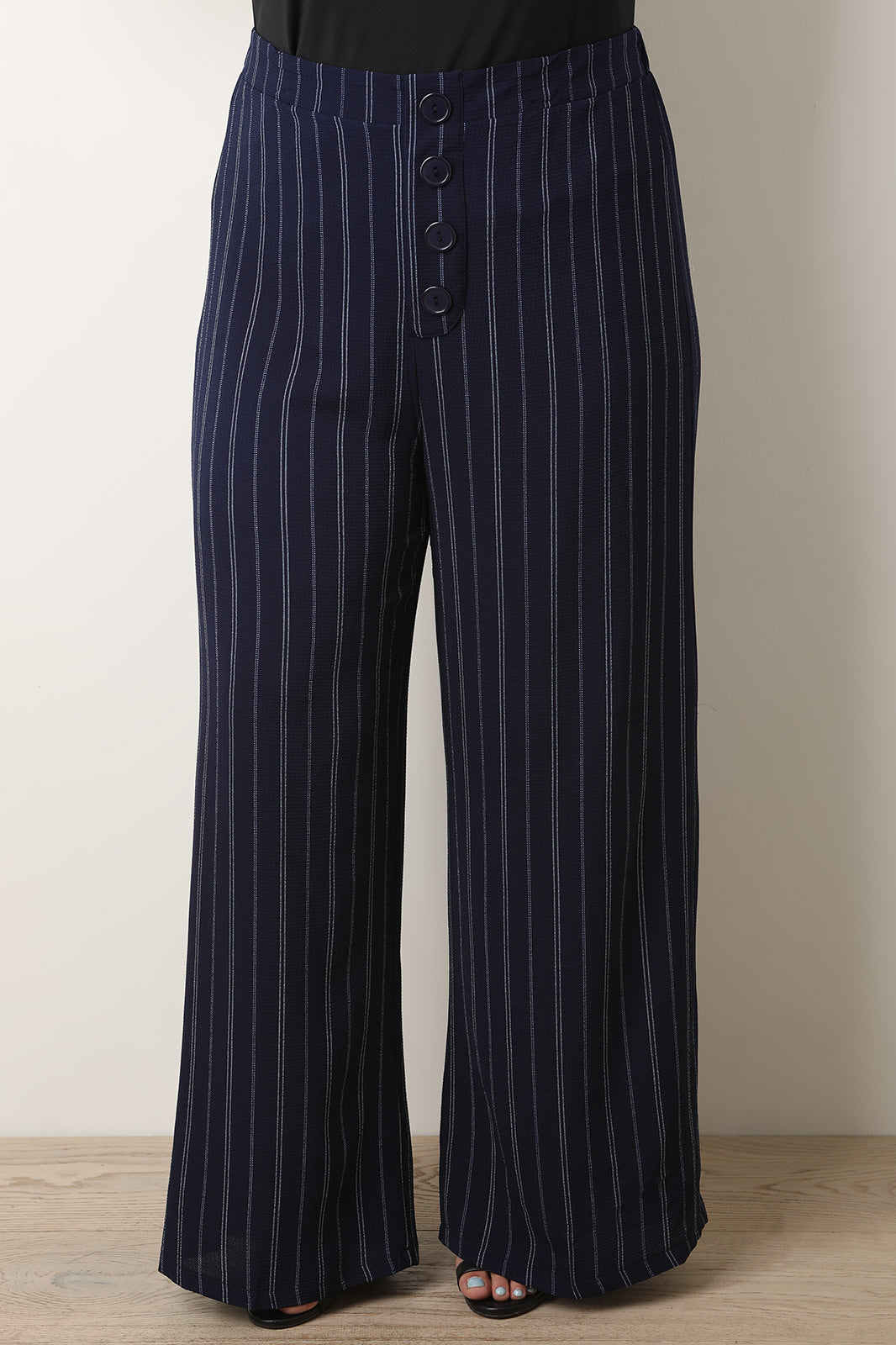 High Rise Pinstripe Button Wide Cut Pants - YuppyCollections