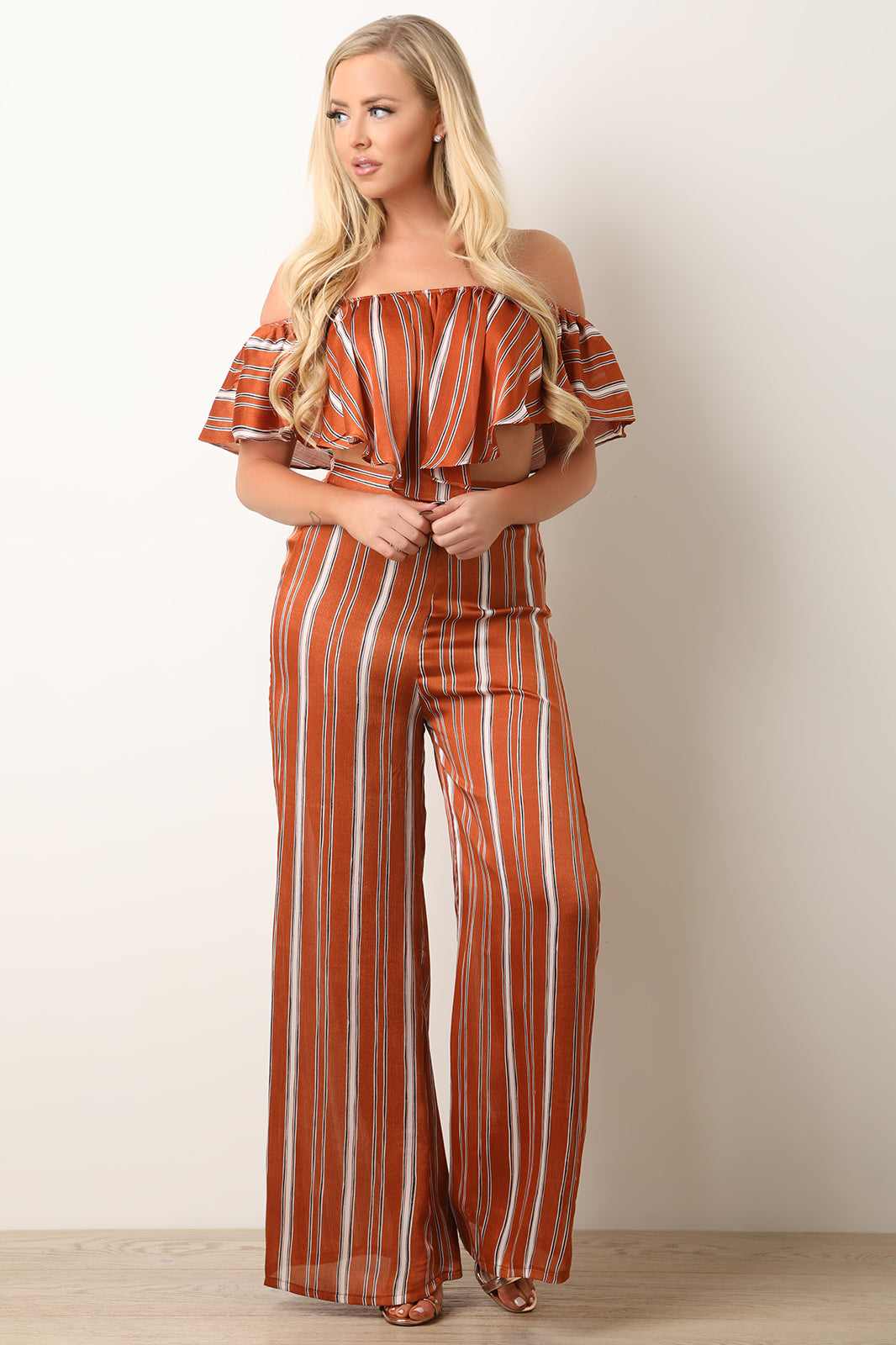 Striped Flutter Bardot Top with Palazzo Pants Set - YuppyCollections