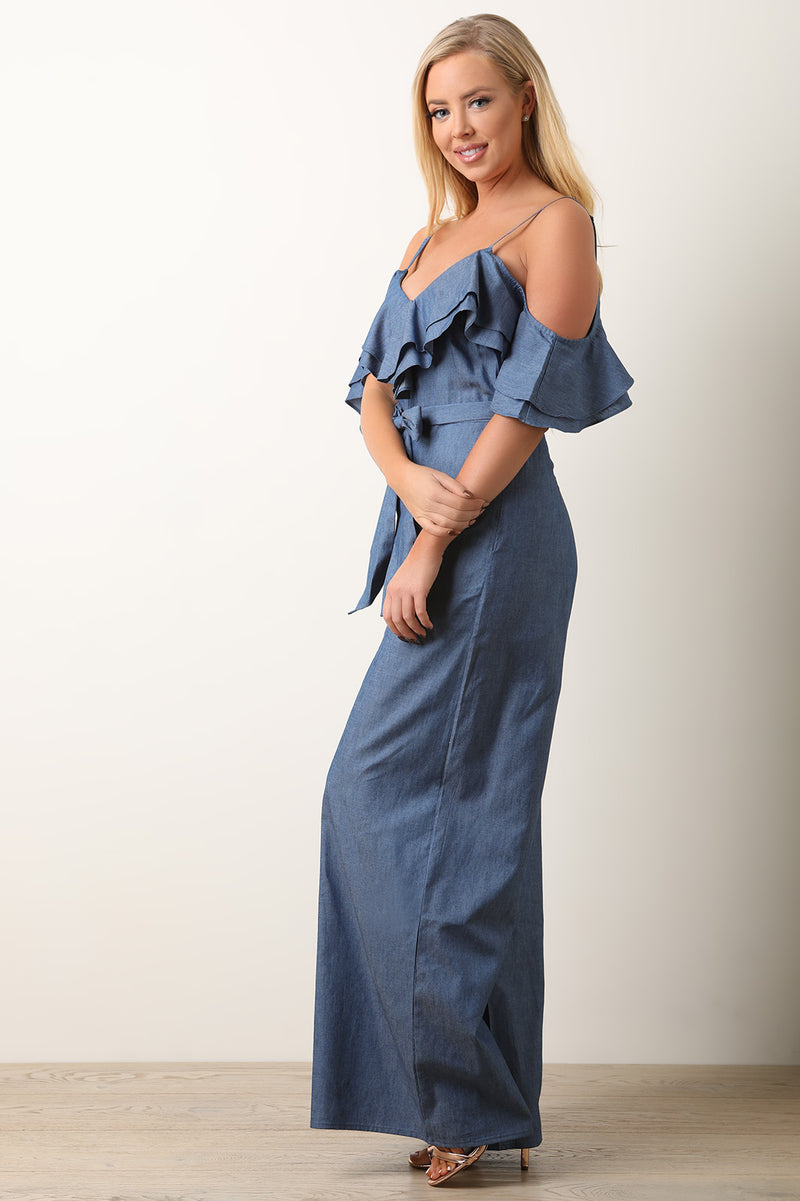 Ruffle Cold Shoulder Chambray Jumpsuit - YuppyCollections