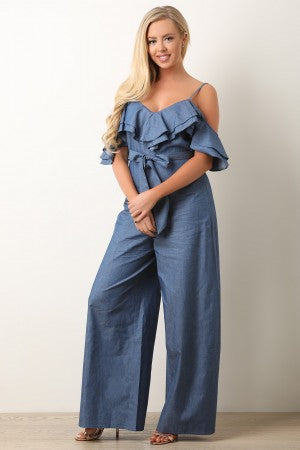 Ruffle Cold Shoulder Chambray Jumpsuit - YuppyCollections