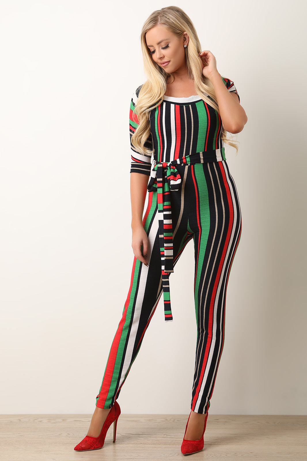 Striped Bardot Asymmetrical Sleeves Jumpsuit - YuppyCollections