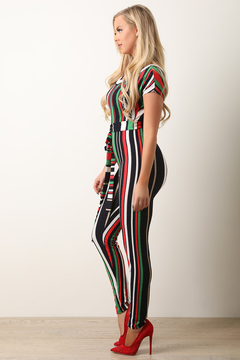 Striped Bardot Asymmetrical Sleeves Jumpsuit - YuppyCollections