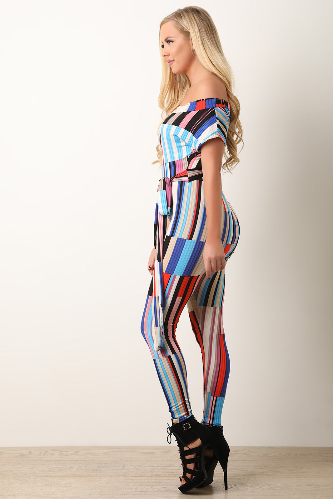 Asymmetrical Sleeves Bardot Striped Panel Jumpsuit - YuppyCollections