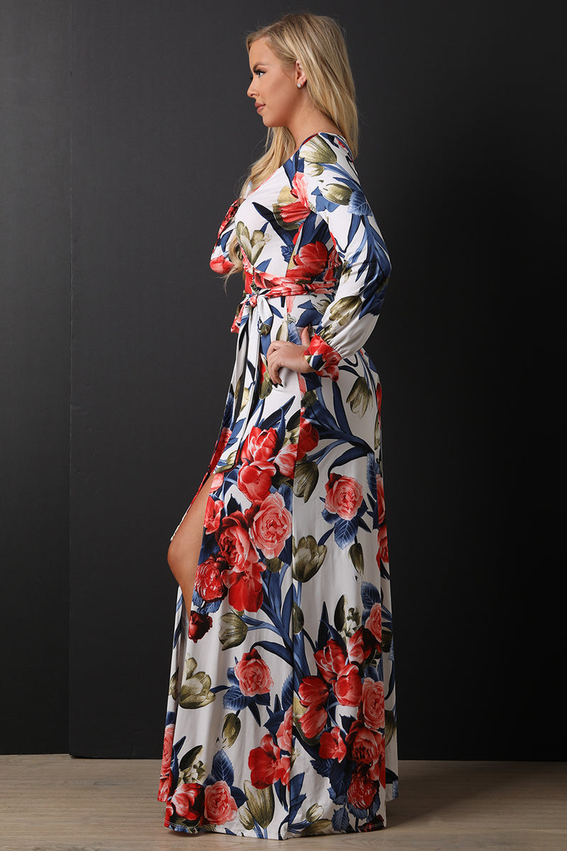 Floral Long Sleeve High Slit Maxi Dress - YuppyCollections