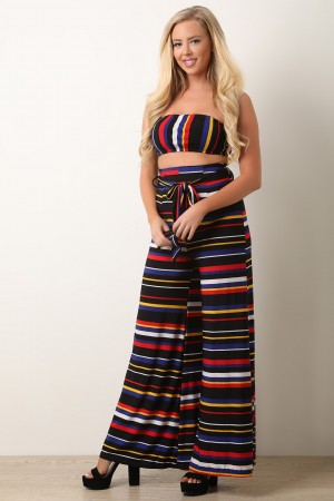 Striped Bandeau With Palazzo Pants Set - YuppyCollections