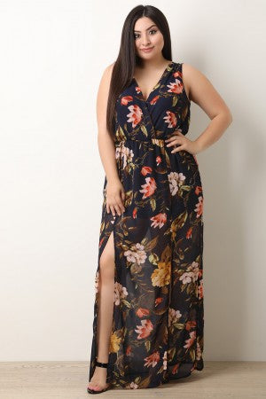 Floral Surplice Double Slit Maxi Dress - YuppyCollections