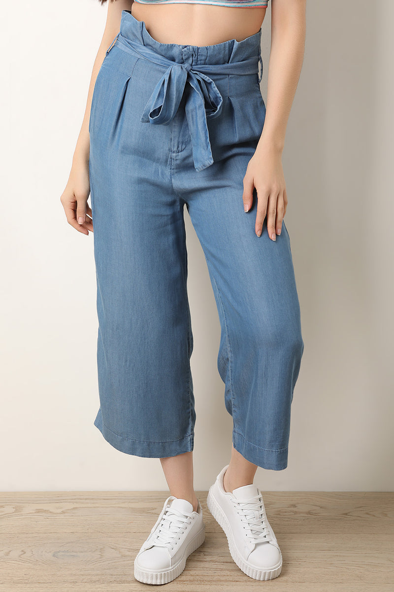 High Rise Chambray Waist Sash Wide Leg Capri Pants - YuppyCollections