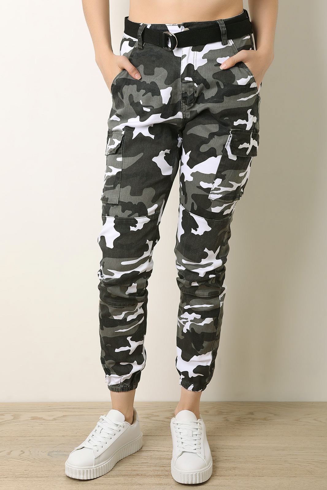 Belted Camouflage Cargo Jogger Pants - YuppyCollections