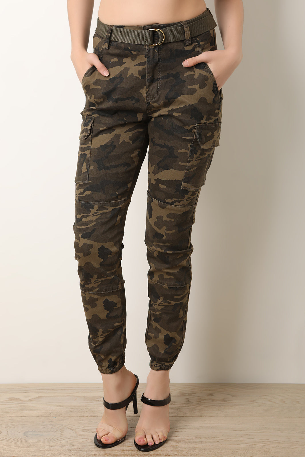 Belted Camouflage Cargo Jogger Pants - YuppyCollections