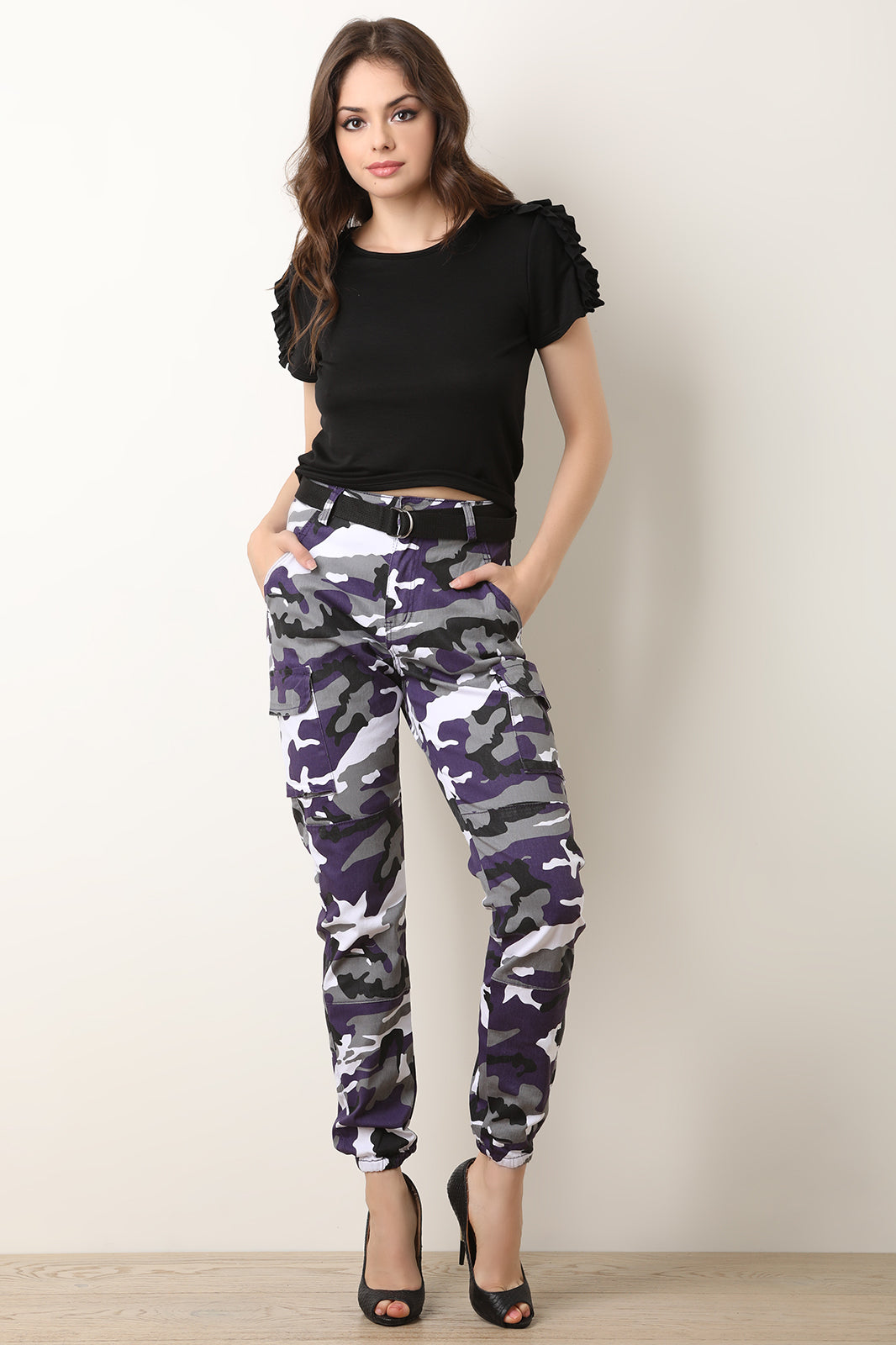 Belted Camouflage Cargo Jogger Pants - YuppyCollections