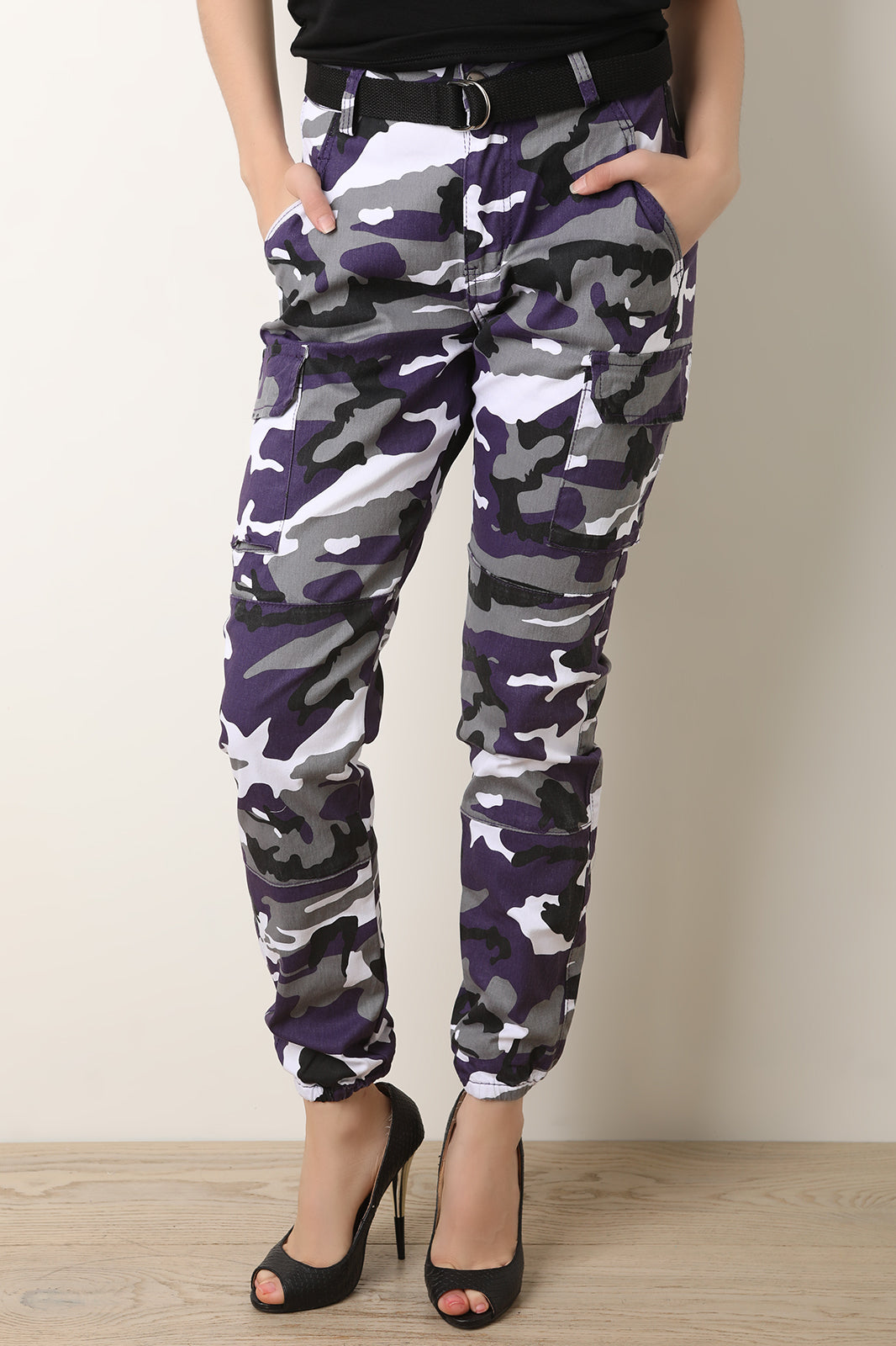 Belted Camouflage Cargo Jogger Pants - YuppyCollections