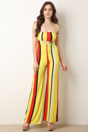 Striped Bandeau Top With Wide Leg Overall Pants Set - YuppyCollections