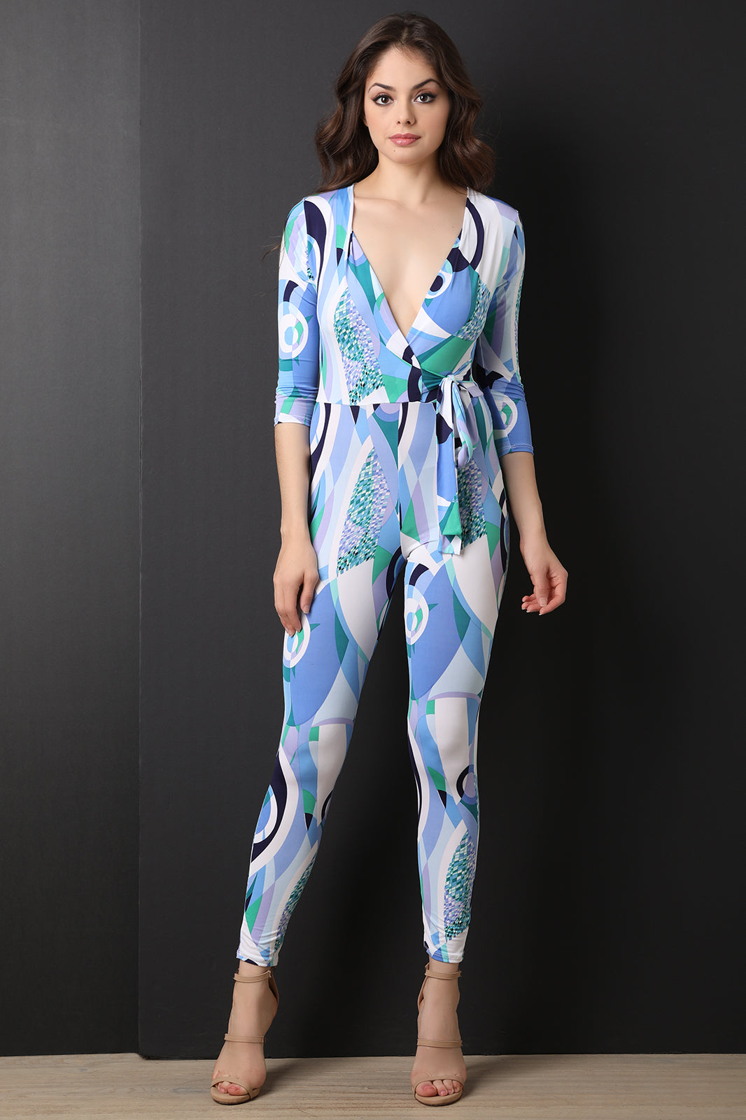 Geometric Print Surplice Fitted Jumpsuit - YuppyCollections