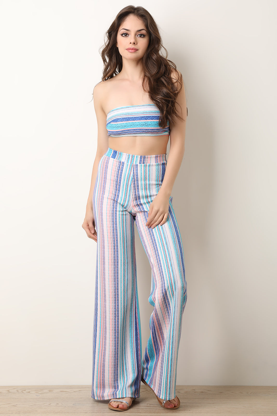 Striped Tube Top With Wide Leg Pants Set - YuppyCollections