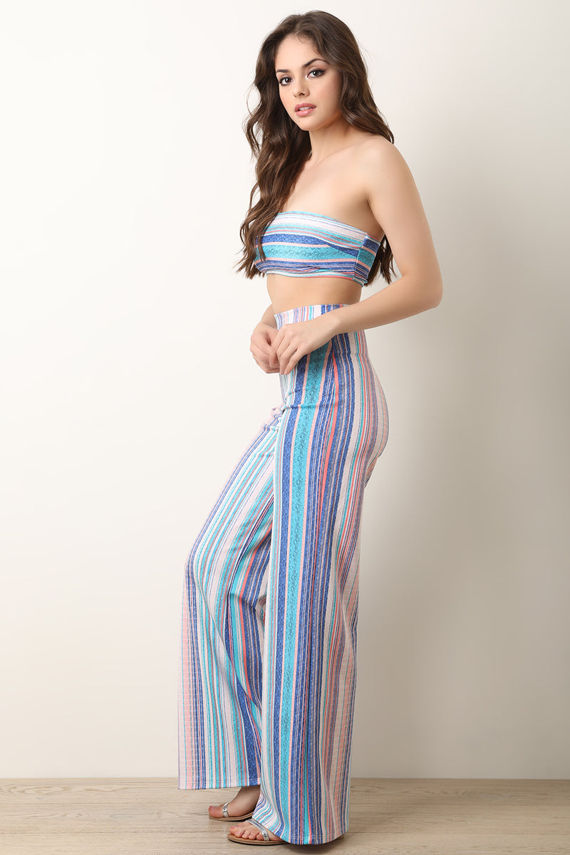 Striped Tube Top With Wide Leg Pants Set - YuppyCollections