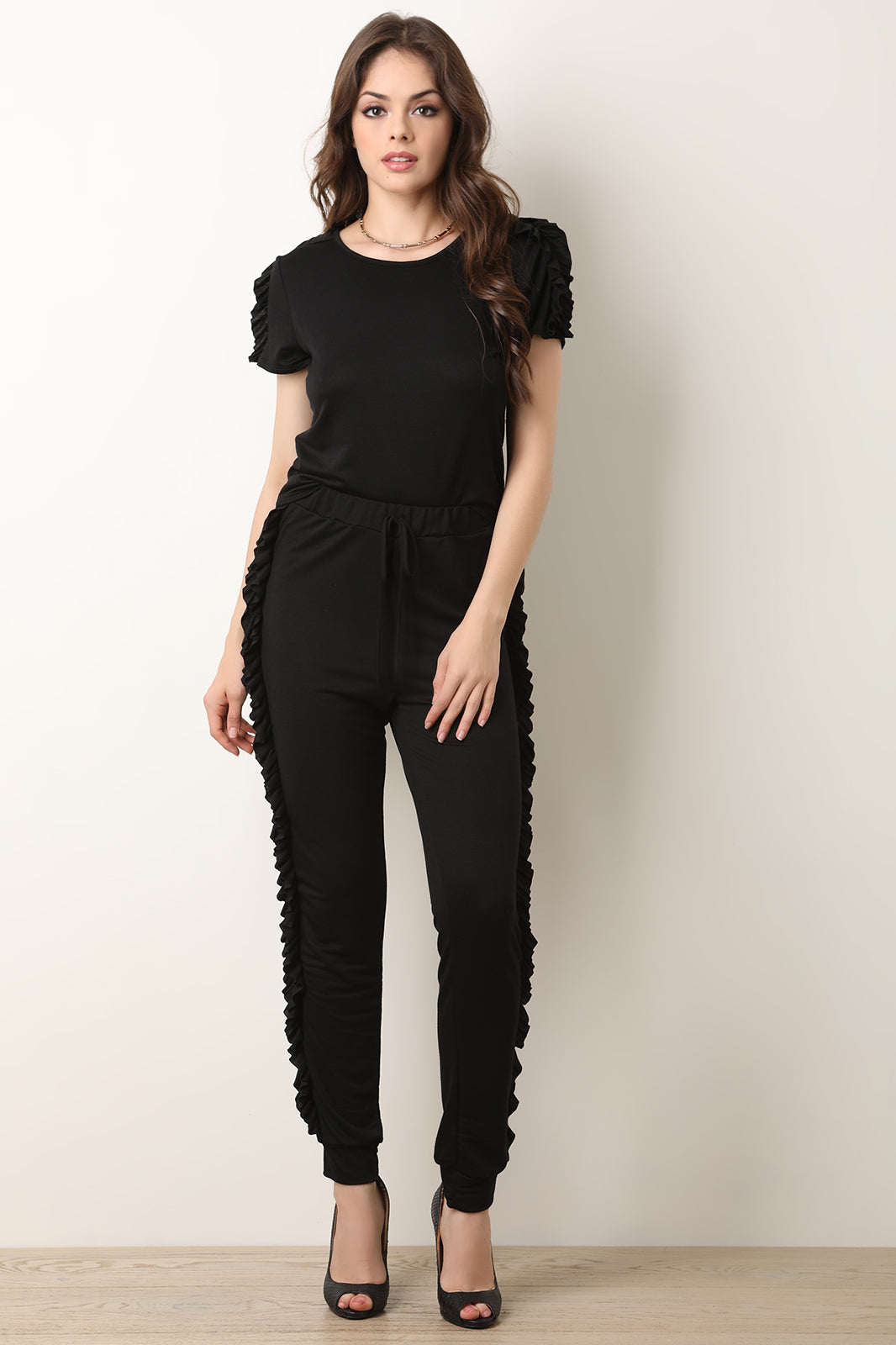 Ruffle Trim Top With Jogger Pants - YuppyCollections