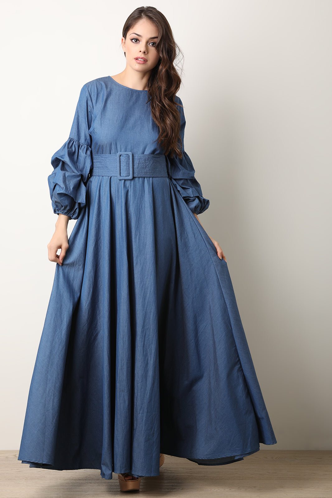 Chambray Puff Statement Sleeve Maxi Dress - YuppyCollections