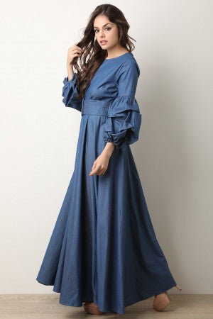 Chambray Puff Statement Sleeve Maxi Dress - YuppyCollections