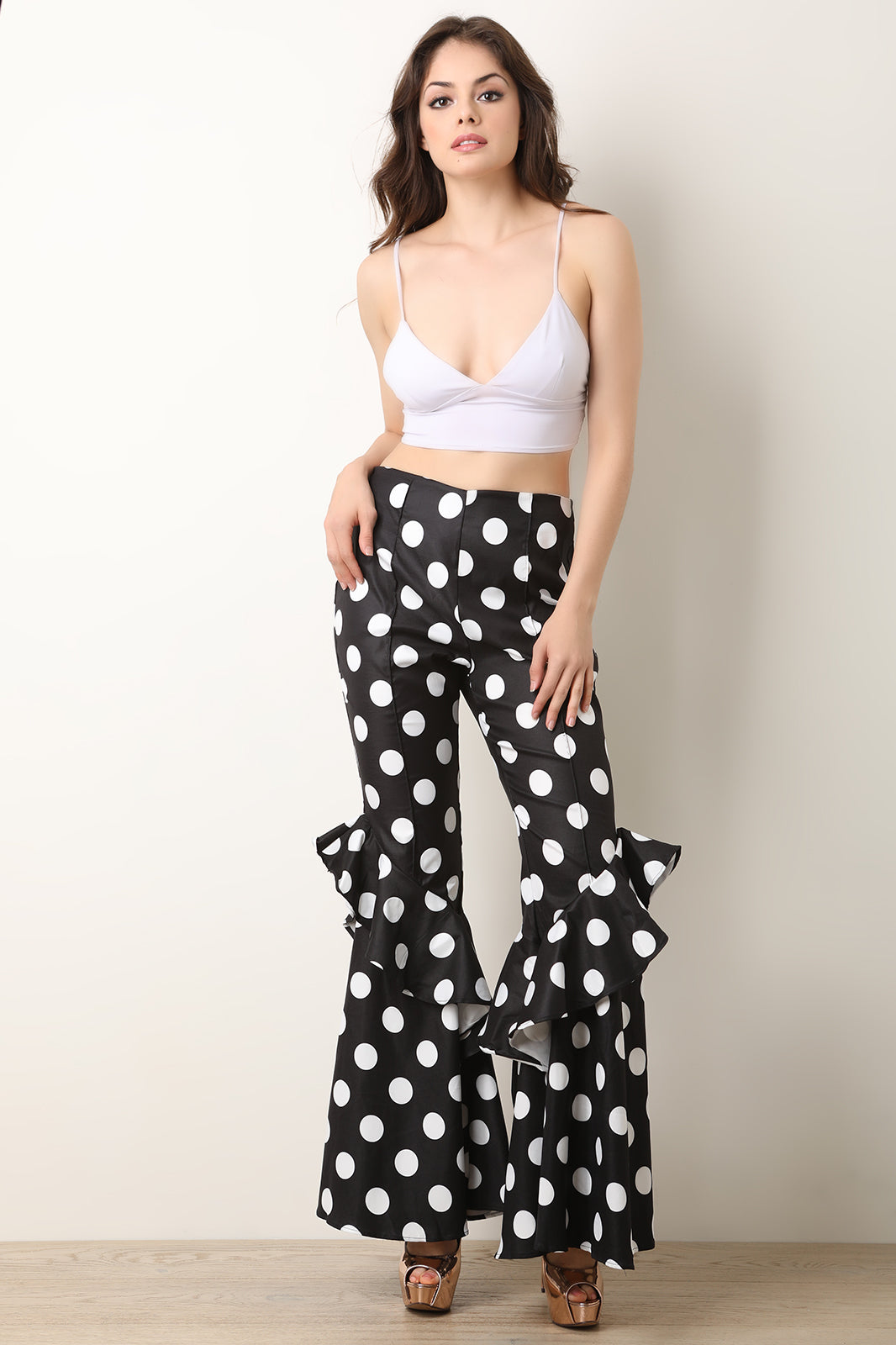 Polka Dot Ruffle Trim Bell Bottom Pants - YuppyCollections