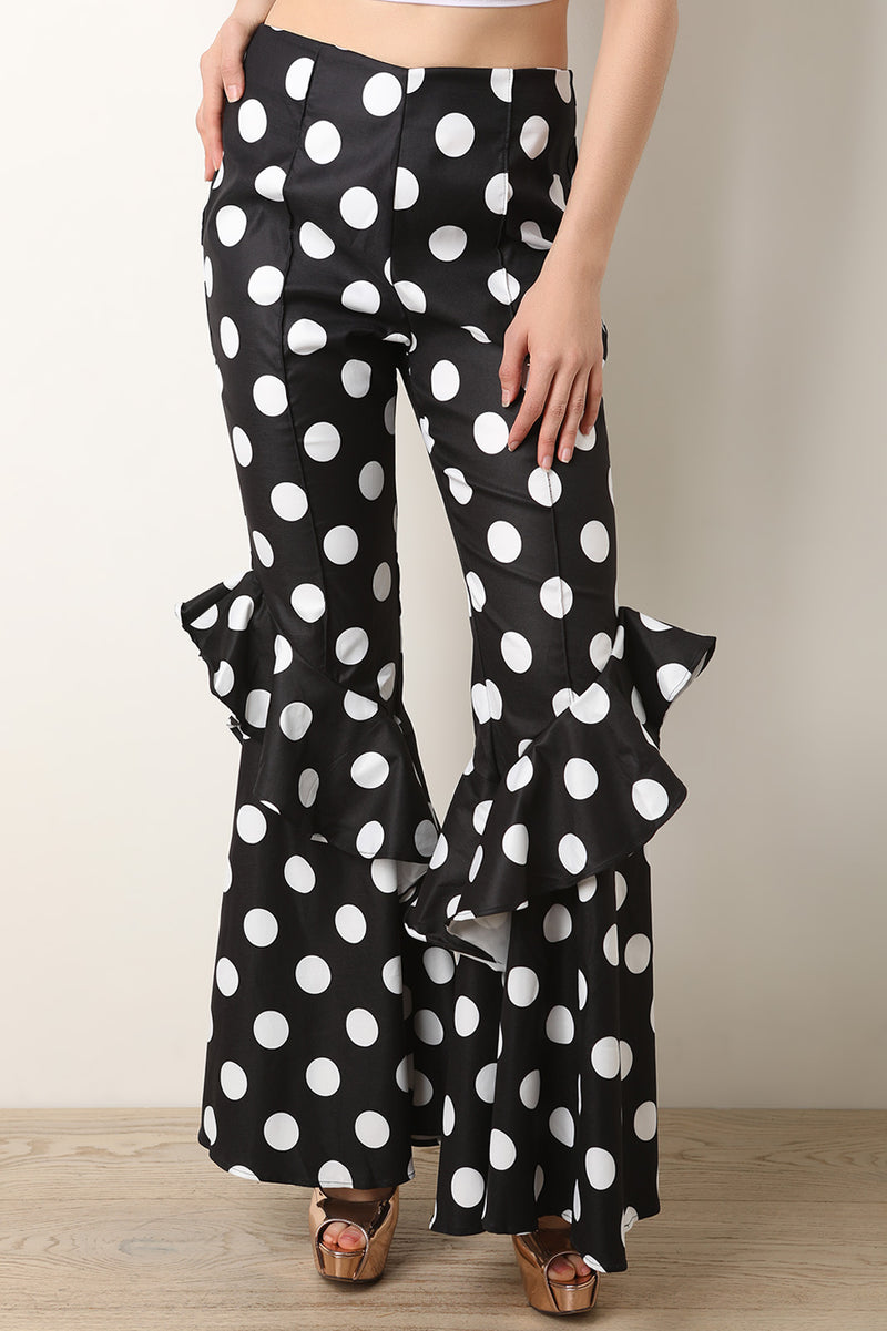 Polka Dot Ruffle Trim Bell Bottom Pants - YuppyCollections