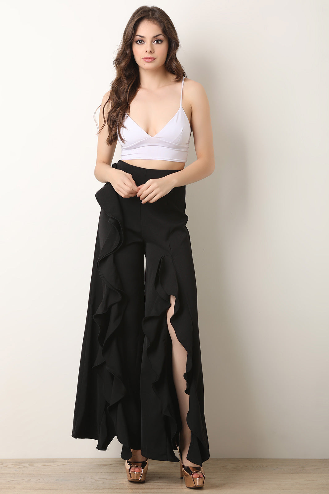 Ruffle Trim Vent Slit Palazzo Pants - YuppyCollections