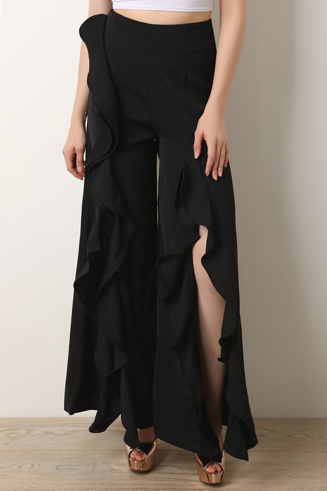 Ruffle Trim Vent Slit Palazzo Pants - YuppyCollections