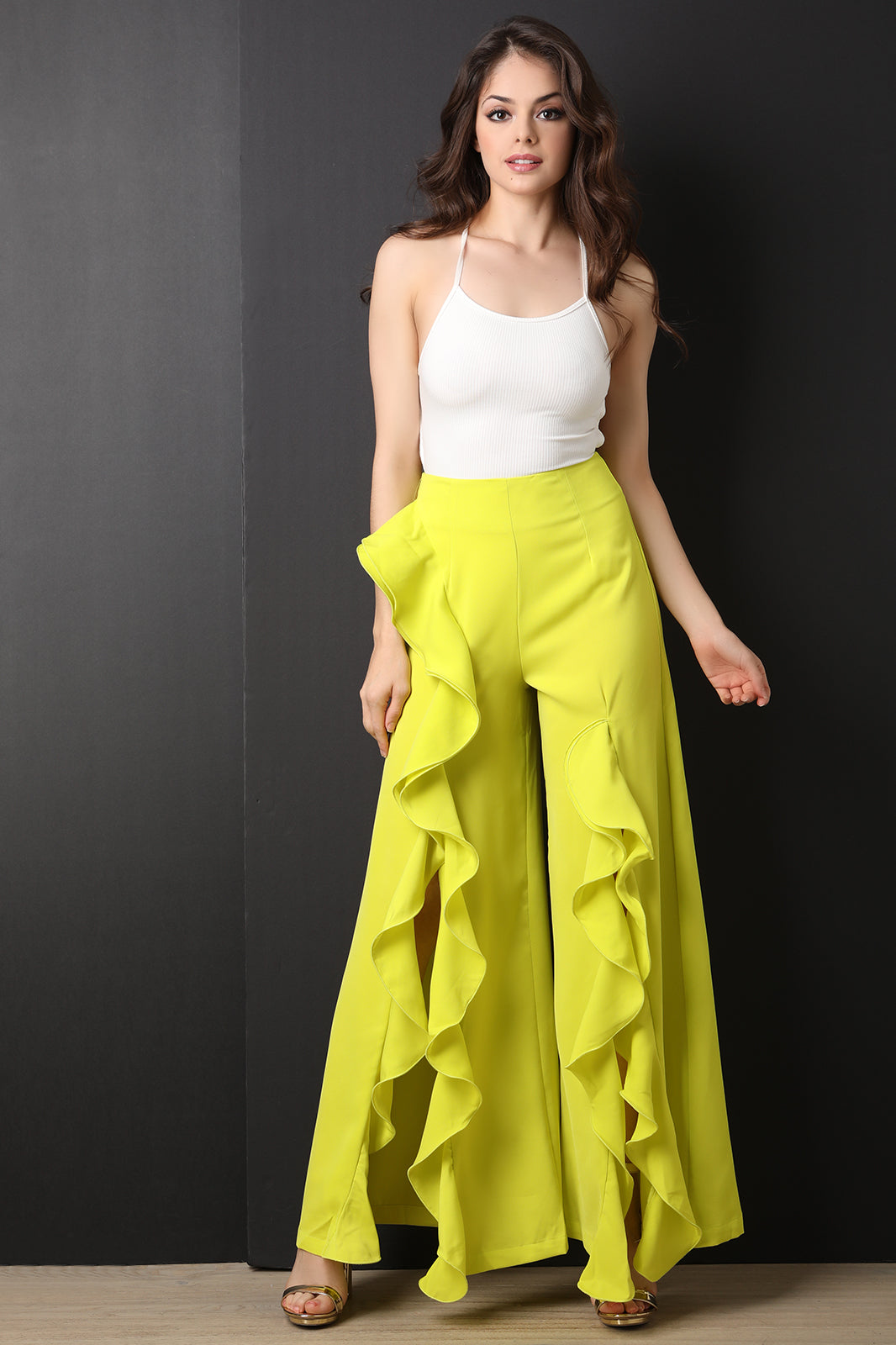 Ruffle Trim Vent Slit Palazzo Pants - YuppyCollections