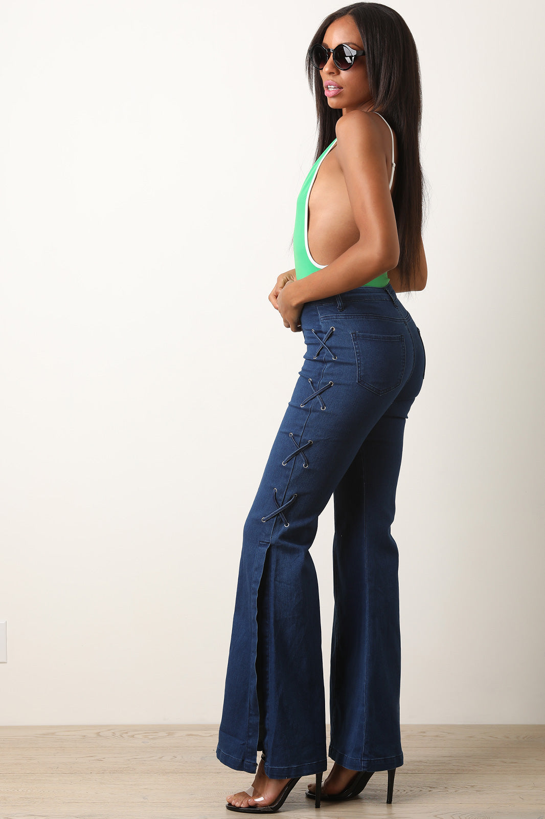 High Waisted Side Lace-Up Flared Denim Pants - YuppyCollections